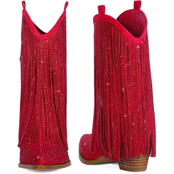 ⚡Women's Red Ankle Boots Western Rhinestone Sparkly Fringe Chunky Heel - Picture 7 of 7
